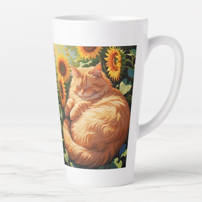 Sleepy Fat Orange Cat mit Sonnenblumen Milchtasse (Rechts)