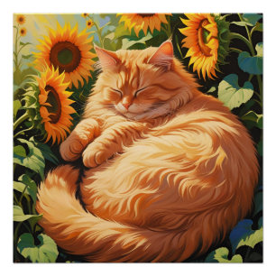 Sleepy Fat Orange Cat mit Sonnenblumen Poster