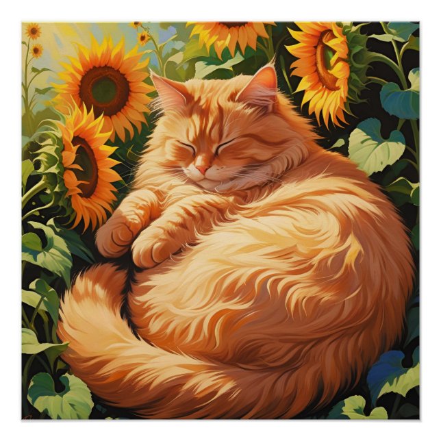 Sleepy Fat Orange Cat mit Sonnenblumen Poster (Vorderseite)
