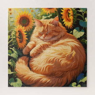 Sleepy Fat Orange Cat mit Sonnenblumen Puzzle