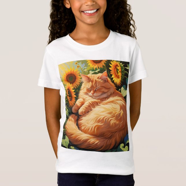 Sleepy Fat Orange Cat mit Sonnenblumen T-Shirt (Vorderseite)