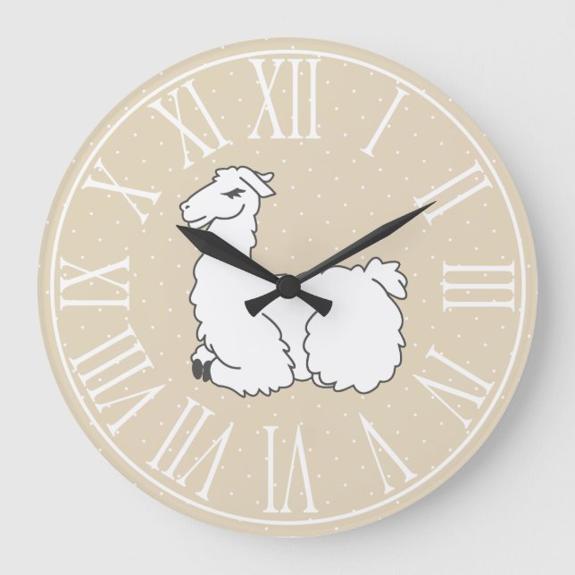 Sleepy Fluffy Llama & White Polka Dots Große Wanduhr (Vorderseite)