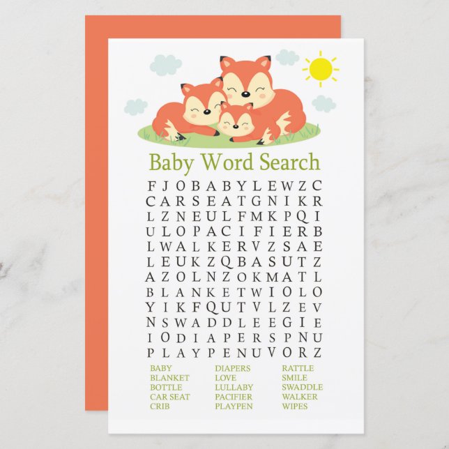 Sleepy fox Baby Shooter Word Search Game (Vorne/Hinten)