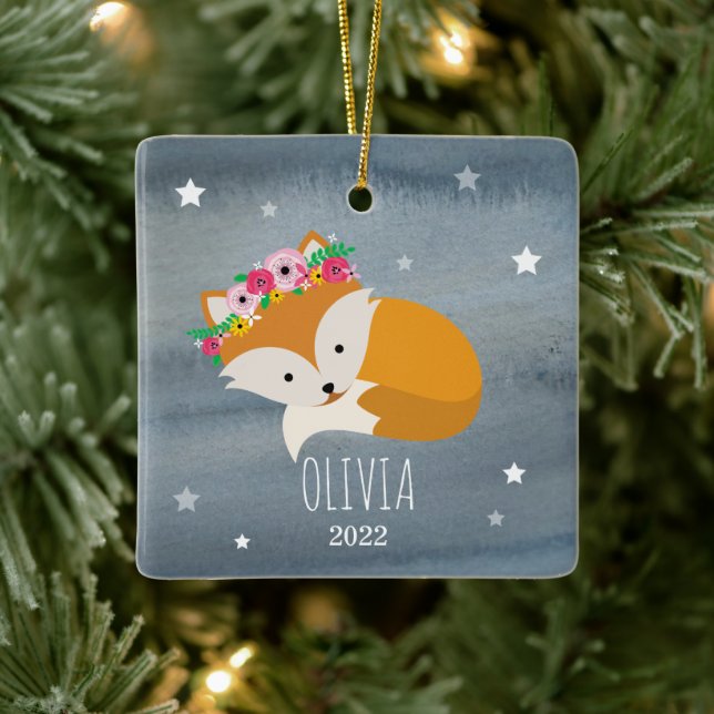 Sleepy Fox Boho Stars Baby Cub Erste Weihnachten Keramikornament (Baum)