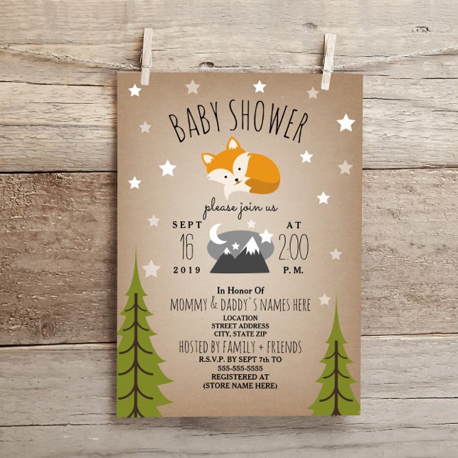 Sleepy Fox Mountains Babydusche Einladung (Von Creator hochgeladen)
