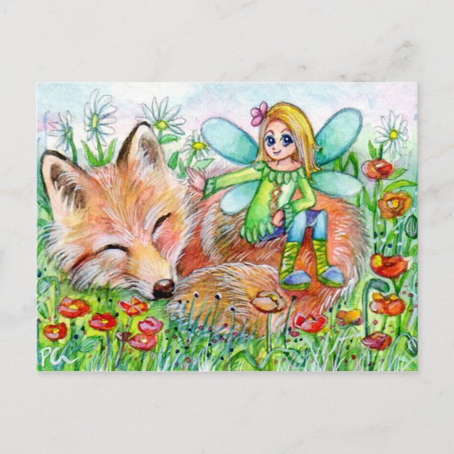 Sleepy Fox und Fairy Postkarte (Vorderseite)