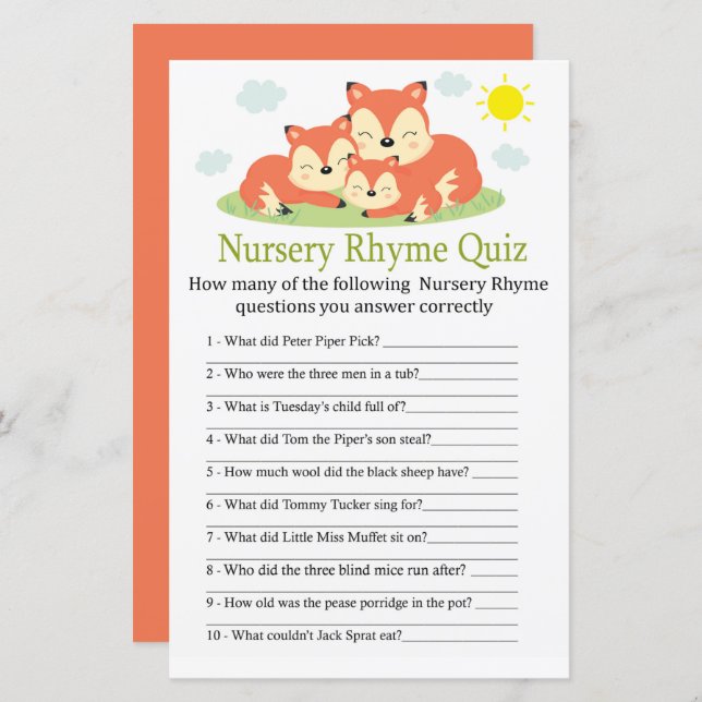 Sleepy Fuchs Kinderzimmer Rhyme Quiz Kinderduschen (Vorne/Hinten)