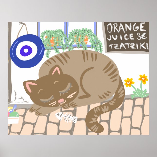 Sleepy Greek Taverna Cat Mediterranean Scene Poster (Vorne)