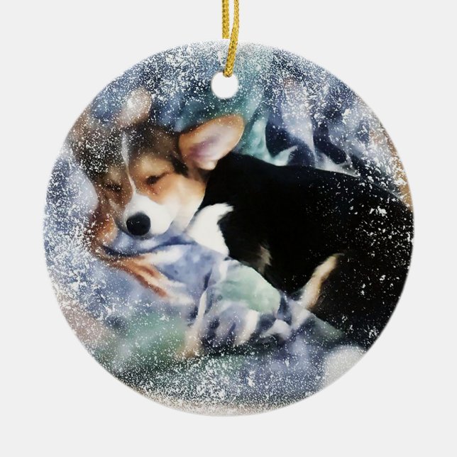 Sleepy Holiday Corgi Puppy Keramik Ornament (Vorne)