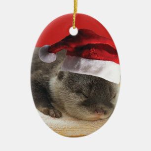 Sleepy Otter Santa Claus Keramik Ornament