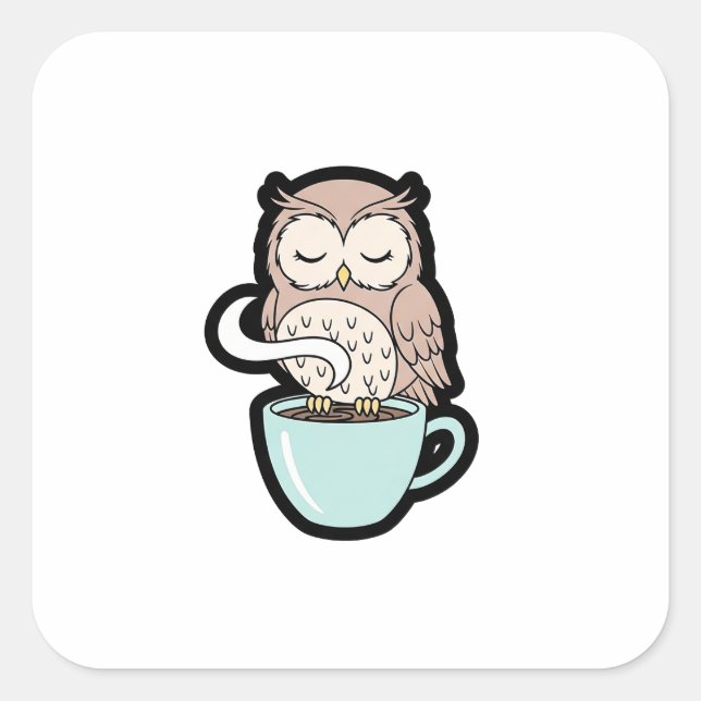 Sleepy Owl on Coffee – Cute Cozy Illustration Quadratischer Aufkleber (Vorderseite)