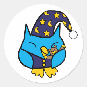 Sleepy Owl Teddy Bear Blue Runder Aufkleber
