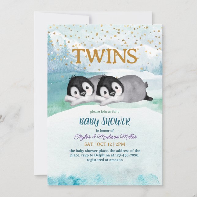 Sleepy Pinguin Twin Winter Thema Baby Boy Dusche Einladung (Vorderseite)