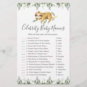 Sleepy Sloth Baby Shower Celebrity Baby Names Game