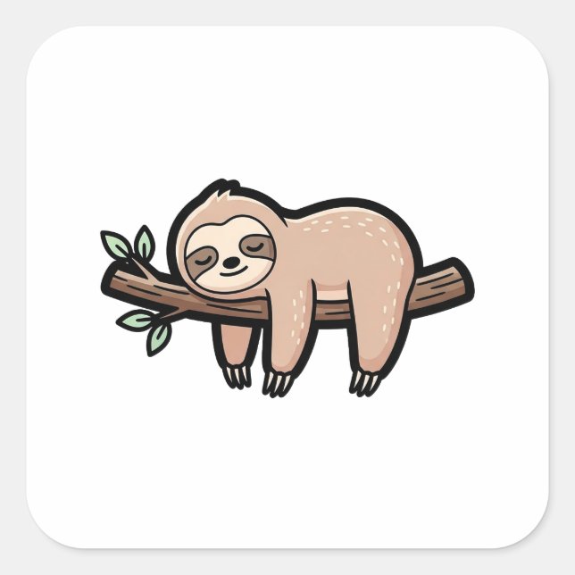 Sleepy Sloth – Cute Kawaii Illustration Quadratischer Aufkleber (Vorderseite)