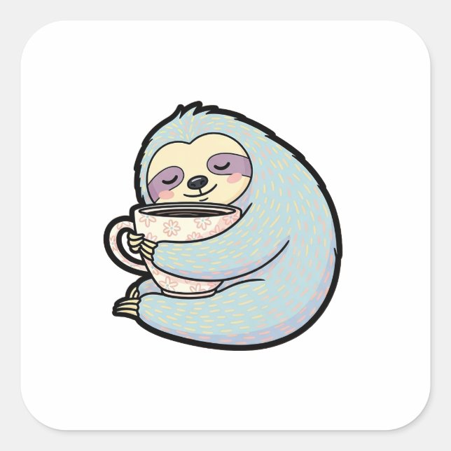 Sleepy Sloth with Coffee – Cute Cozy Illustration Quadratischer Aufkleber (Vorderseite)