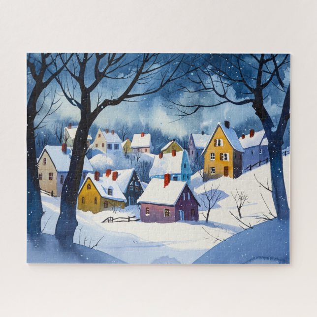 Sleepy Snowy Village - Aquarell Puzzle (Horizontal)