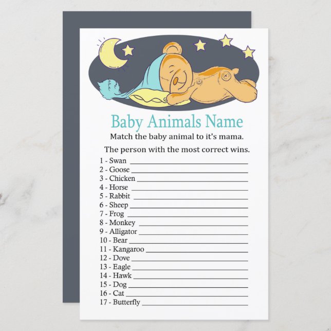 Sleepy Teddy Bär Baby Animes Name Game (Vorne/Hinten)