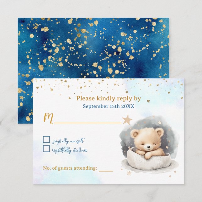 Sleepy Teddy Bear Boy Baby Shooting Card RSVP Karte (Vorne/Hinten)