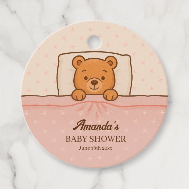 Sleepy Teddy Bear Light Pink Baby Dusche Geschenkanhänger (Vorderseite)