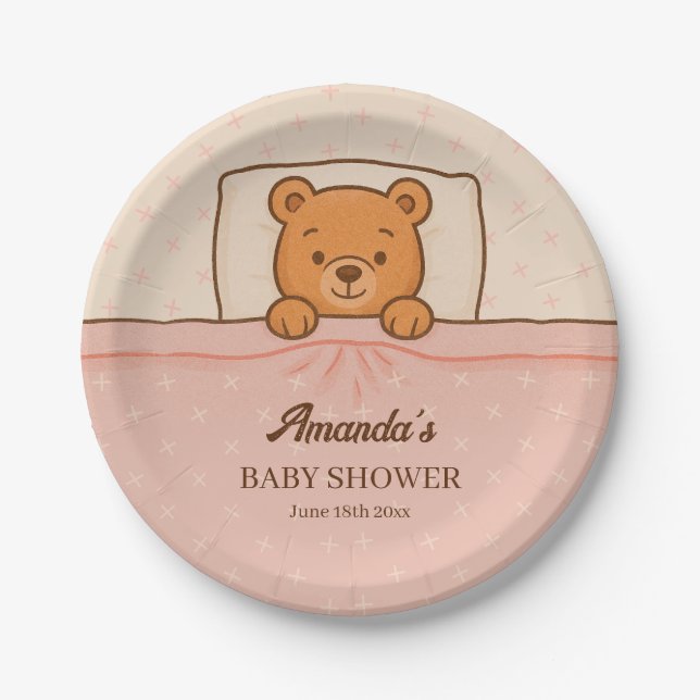 Sleepy Teddy Bear Light Pink Baby Dusche Pappteller (Vorderseite)