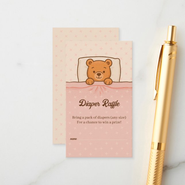 Sleepy Teddy Bear Light Pink Diaper Raffe Ticket Begleitkarte (Vorderseite/Rückseite Beispiel)