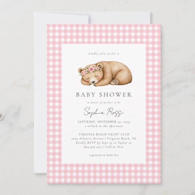 Sleepy Watercolor Woodland Bear Baby Dusche Einladung (Vorderseite)