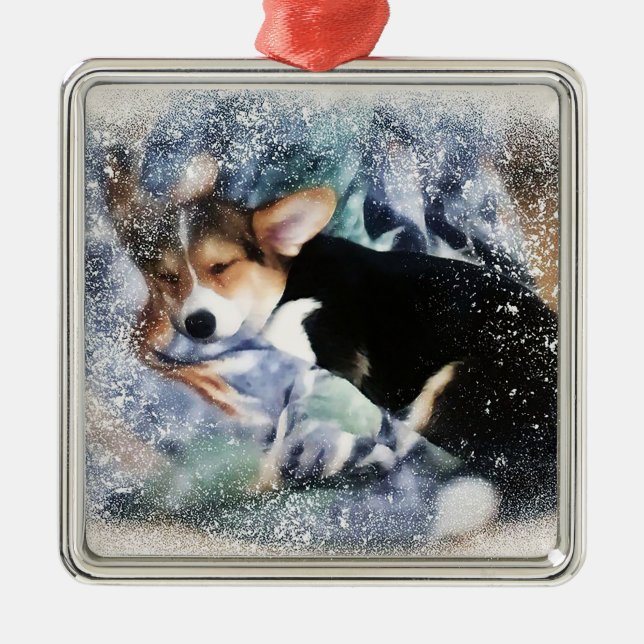 Sleepy Welsh Corgi Puyppy Ornament Aus Metall (Vorne)