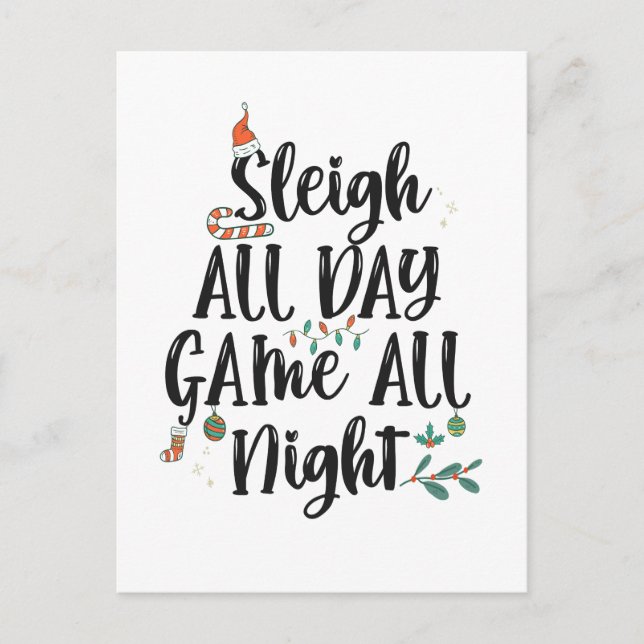 Sleigh All Day Game The Night Funny Christmas Postkarte (Vorderseite)