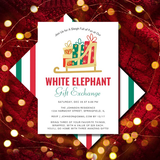 Sleigh Geschenkboxen White Elephant Gift Exchange  Einladung (Sleigh Gift Box White Elephant Gift Exchange Party Invitation)