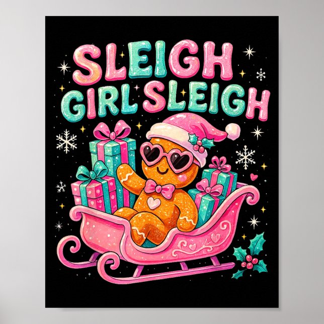 Sleigh Girl Cute Gingerbread Christmas Art  Poster (Vorne)