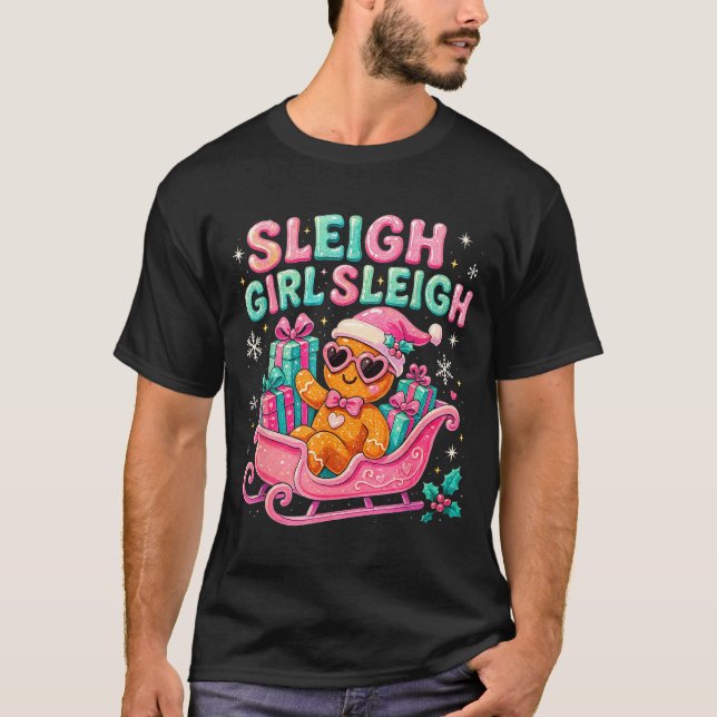 Sleigh Girl Cute Gingerbread Christmas Art  T-Shirt (Vorderseite)