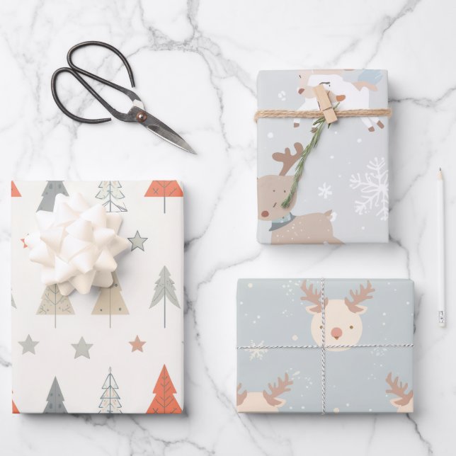 Sleigh Reindeer Pine Trees Pattern wrapping sheet Geschenkpapier Set (Vorderseite)