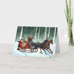 Sleigh Ride Vintage Weihnachts-Pferd Snowy Forest Feiertagskarte