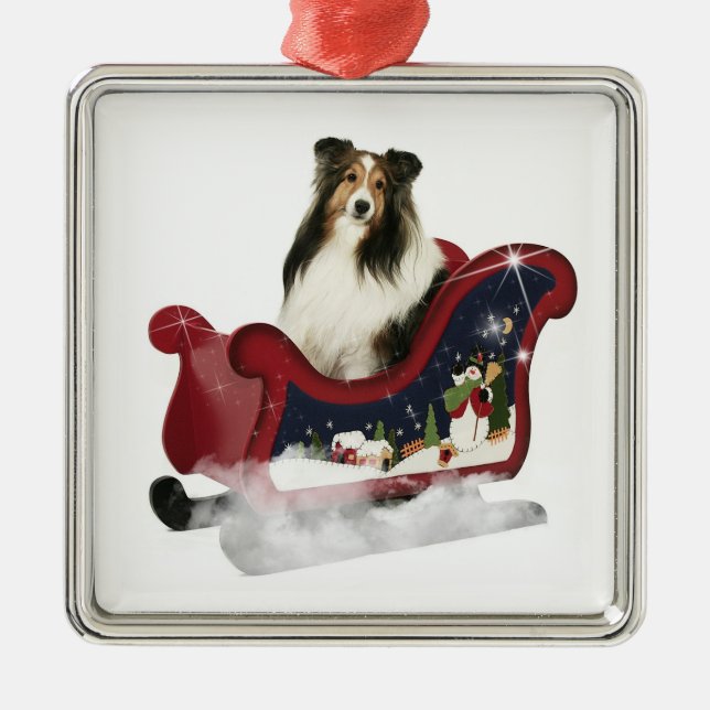Sleigh Sheltie Ornament Aus Metall (Vorne)