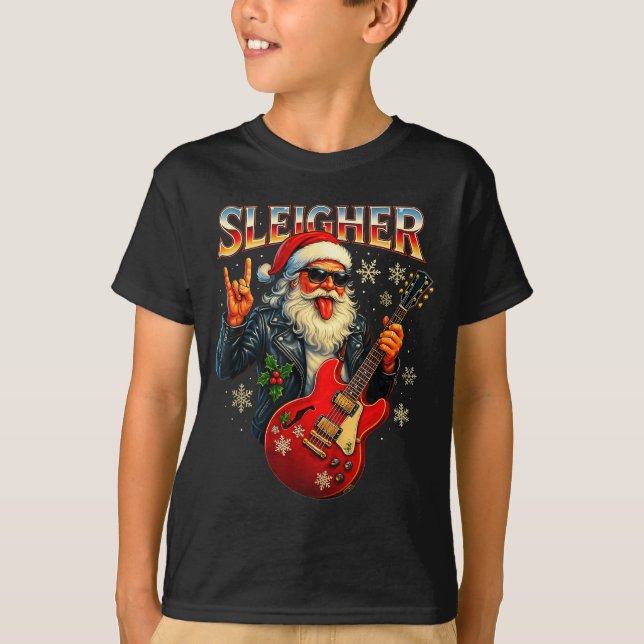Sleigher Rock Santa Funny Metal Christmas Design  T-Shirt (Vorderseite)