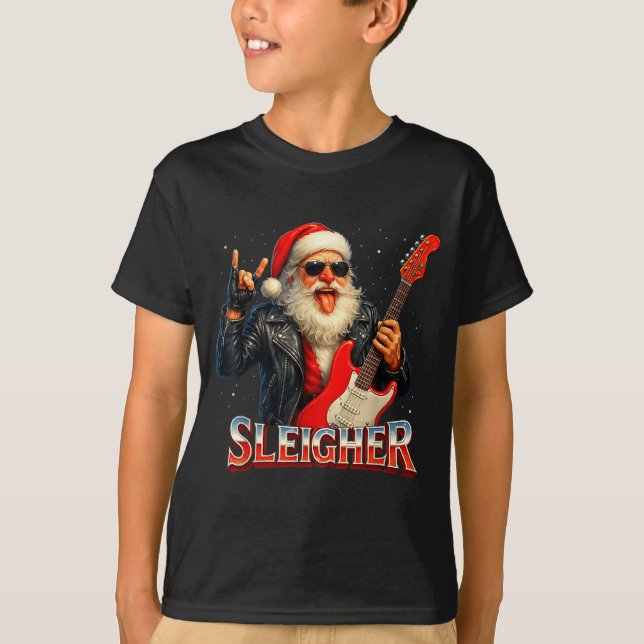 Sleigher Rock Santa Funny Metal Christmas Design  T-Shirt (Vorderseite)