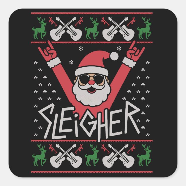 Sleigher Santa Christmas Rock n Roll Ugly Sweat Quadratischer Aufkleber (Vorderseite)