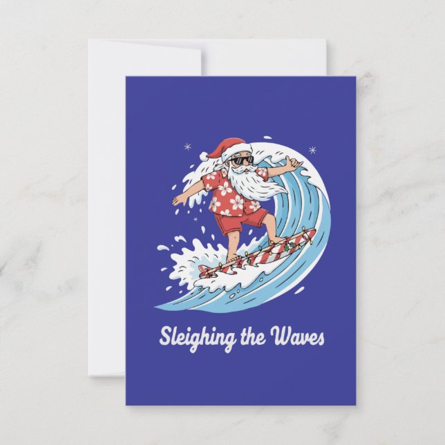 "Sleighing the Waves" Funny Surfen Santa Tropical Dankeskarte (Vorderseite)