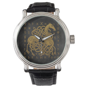 Sleipnir, Golden Nordeuropäisches Pferd mit Runens Armbanduhr
