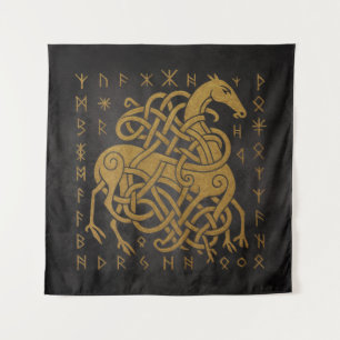 Sleipnir, Golden Nordeuropäisches Pferd mit Runens Wandteppich