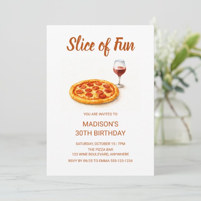Slice Of Fun Pizza & Wine Adult Birthday Party Einladung (Stehend Vorderseite)