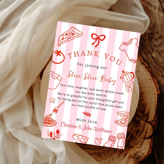 Slice Slice Baby Pizza Baby Shower Thank you Card Einladung (Red and Pink Slice Slice Baby Shower thank you card)