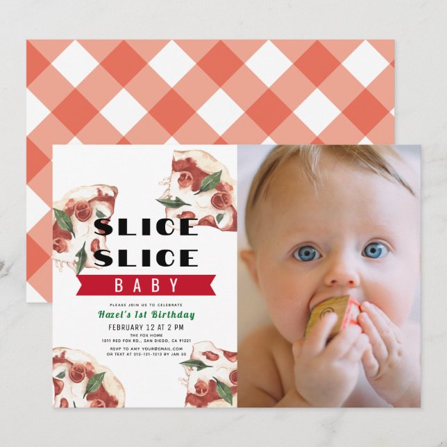 Slice Slice Baby Pizza Foto 1. Geburtstag Einladung (Vorne/Hinten)