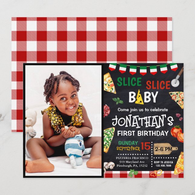 Slice Slice Baby Pizza Party 1. Geburtstag Einladung (Vorne/Hinten)
