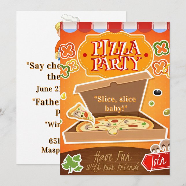 Slice, Slice Baby! Pizza-Party-Einladung  ("Hot pizza, family time" wine and beer!)