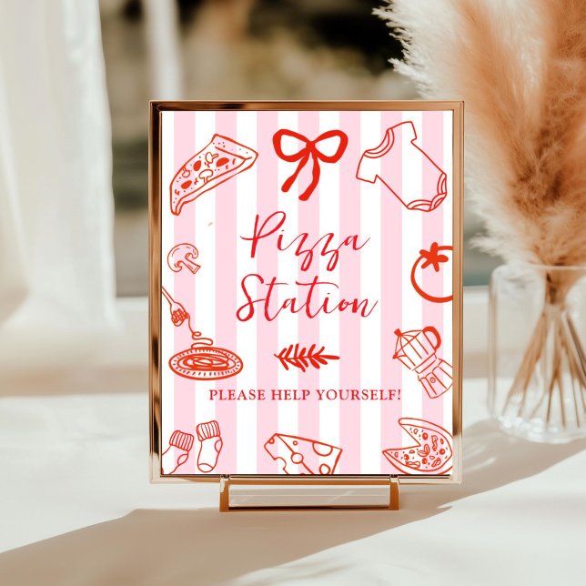 Slice Slice Baby Pizza Station Sign Poster (Red and Pink Pizza station baby shower sign)