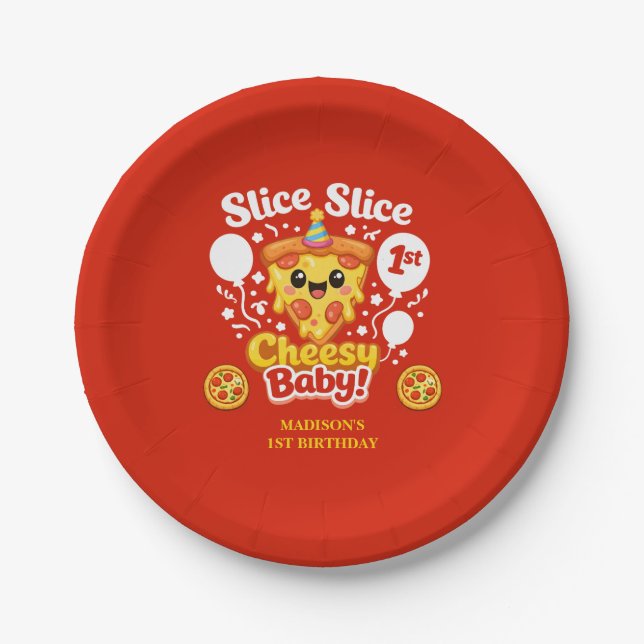 Slice Slice Cheesy Baby Pizza 1. Geburtstag Pappteller (Vorderseite)