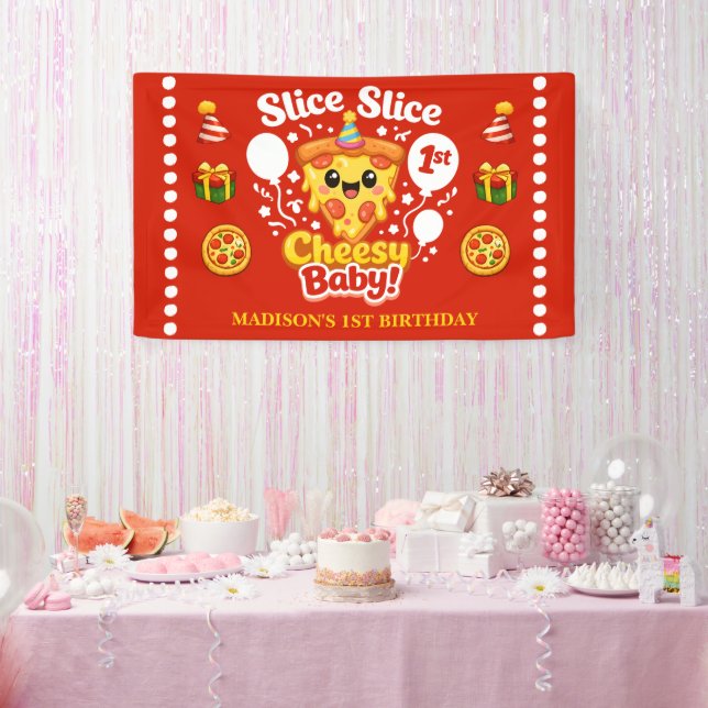 Slice Slice Cheesy Baby Pizza 1st Birthday Medium Banner (Party)