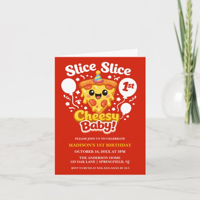 Slice Slice Cheesy Baby Pizza 1st Birthday Photo Einladung (Vorderseite)